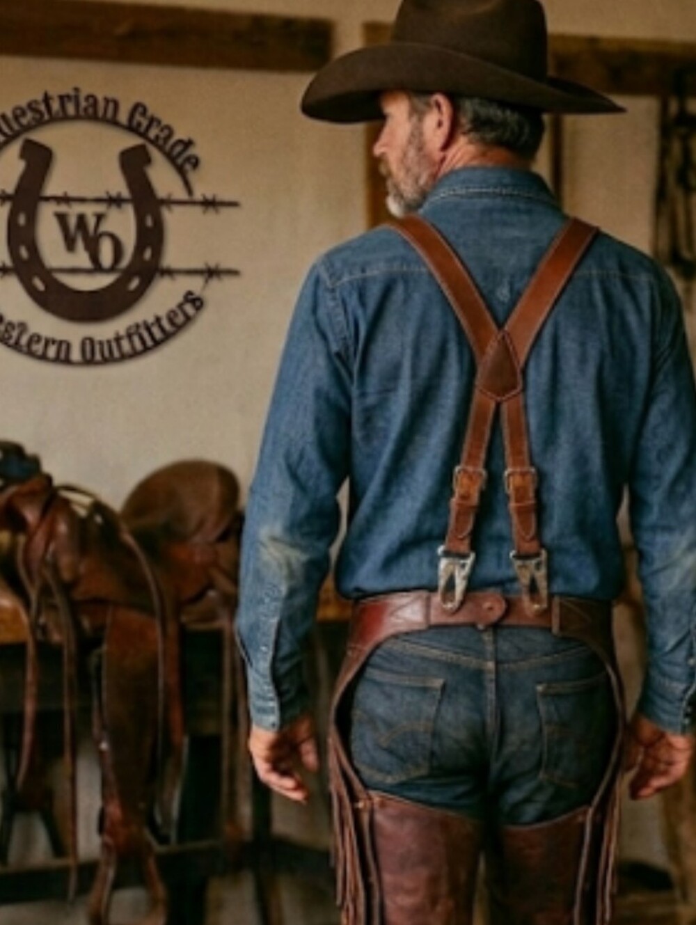 Men Leather Suspenders Y Back Adjustable Brown Full Grain Snap Trigger Hook Clip